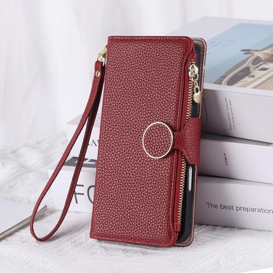 Pentru iPhone Textură Litchi Piele PU Portofel Husă Telefon cu 3 Sloturi pentru Carduri+Buzunar Lateral cu Fermoar+Slot pentru Bani Gheață Șnur Detașabil Huse Telefon Multifuncționale