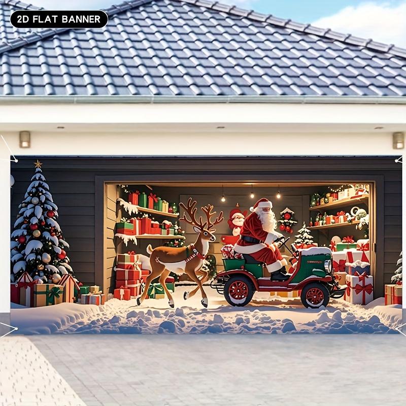 2D flat single piece oversized Christmas garage door banner - Santa Claus and reindeer winter scene decoration