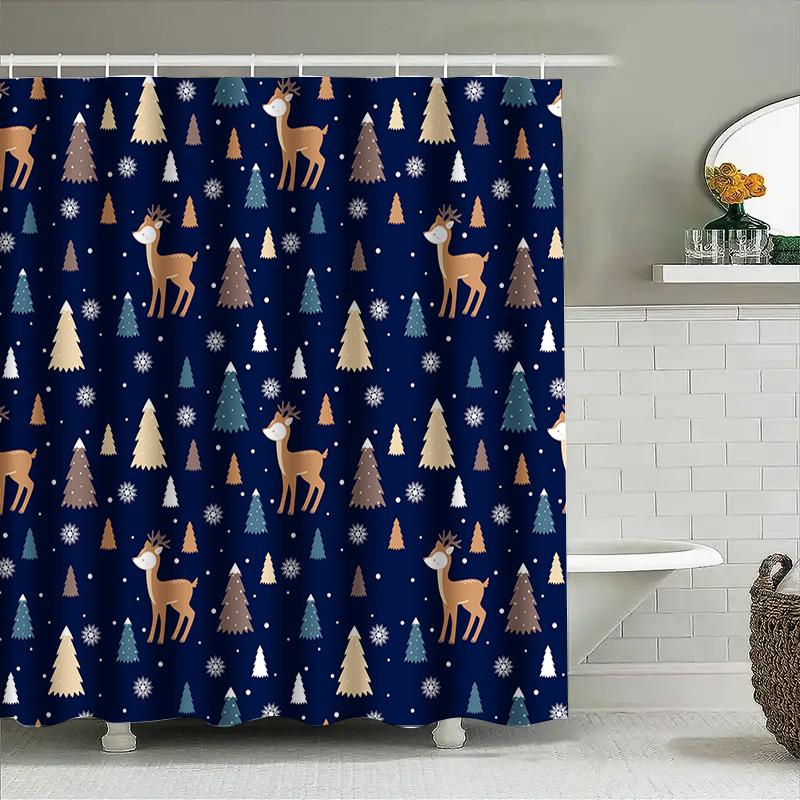 Winter Wonderland Reindeer Pine Tree Shower Curtain Set Navy Blue Christmas Decor Bathroom Accessory for Home Decor