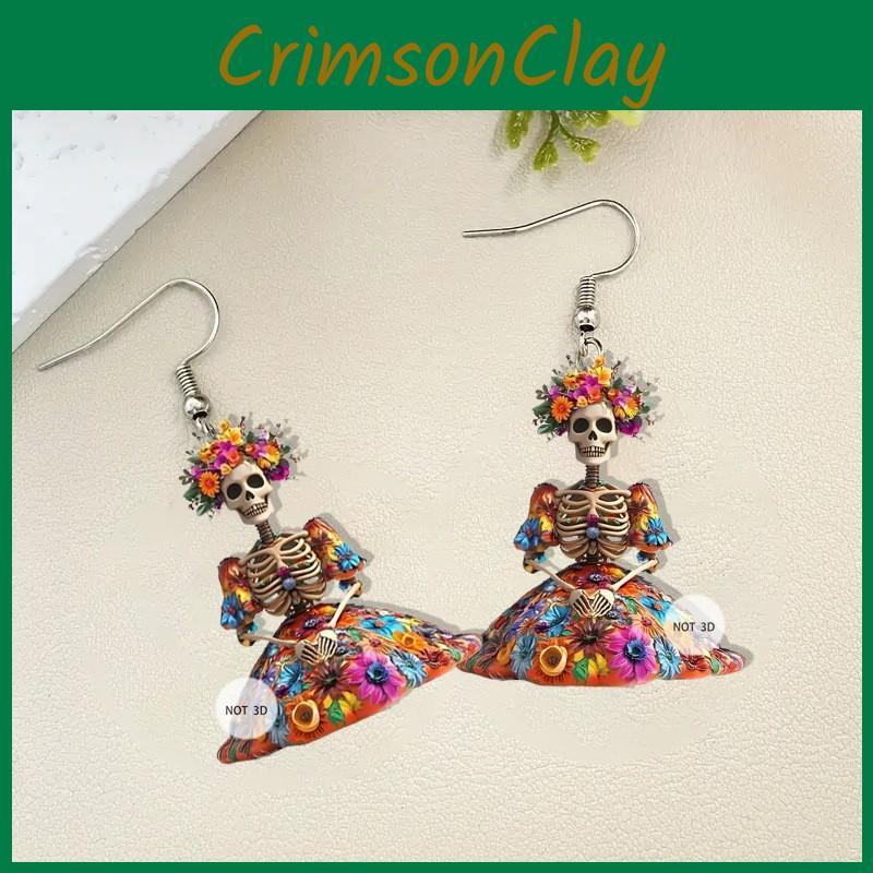 Halloween Flower And Skull Pattern Women Earrings For Female Party Accessory