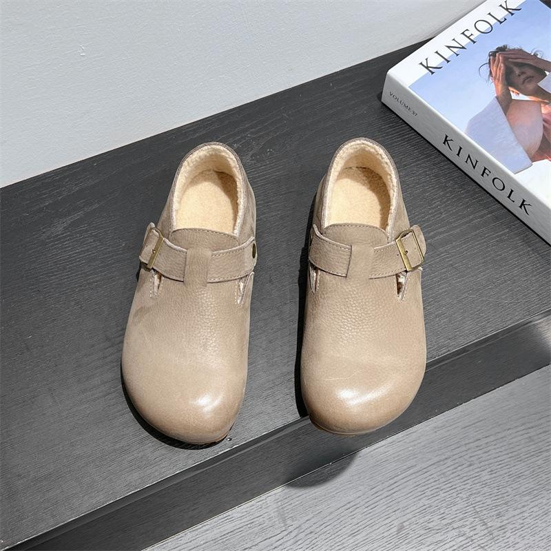 Loafers for Woman Cowhide Soft Soled Flat Soled Single Shoes Women's Cotton Shoes Black Casual Shoes Women's Winter Footwear
