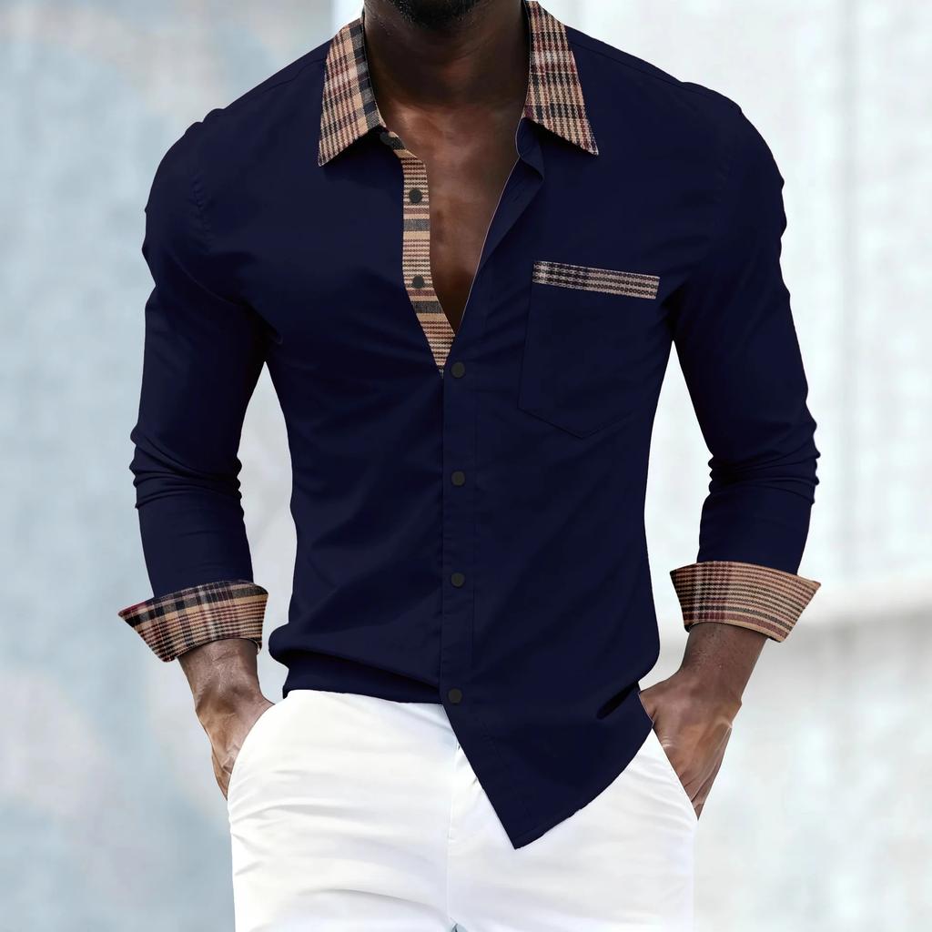Spring/Autumn Men's New Style Business Casual Fashion Party Shirt with Collar Patchwork and Pocketed Long Sleeve Top