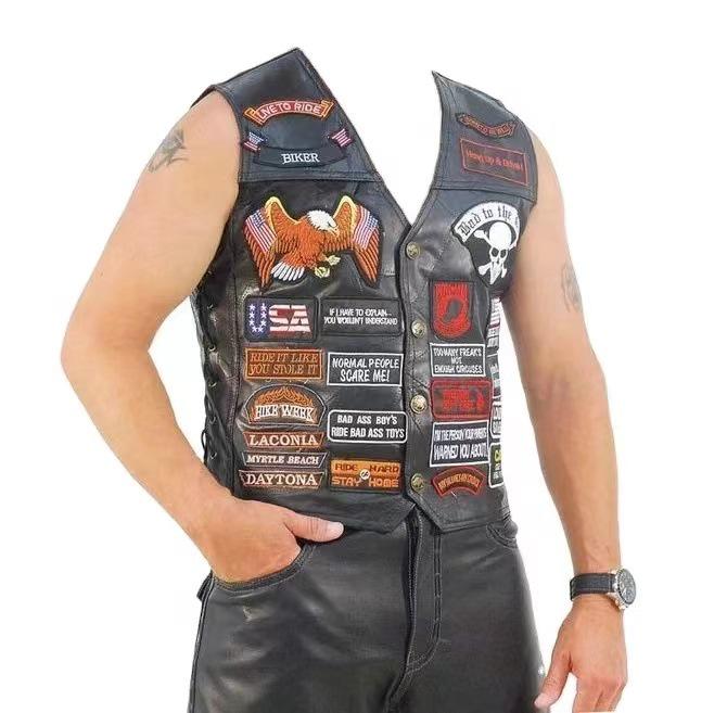 Chaleco de Cuero Patchwork Americano Harley para Hombre para Ciclismo con Parches Bordados, Talla 42