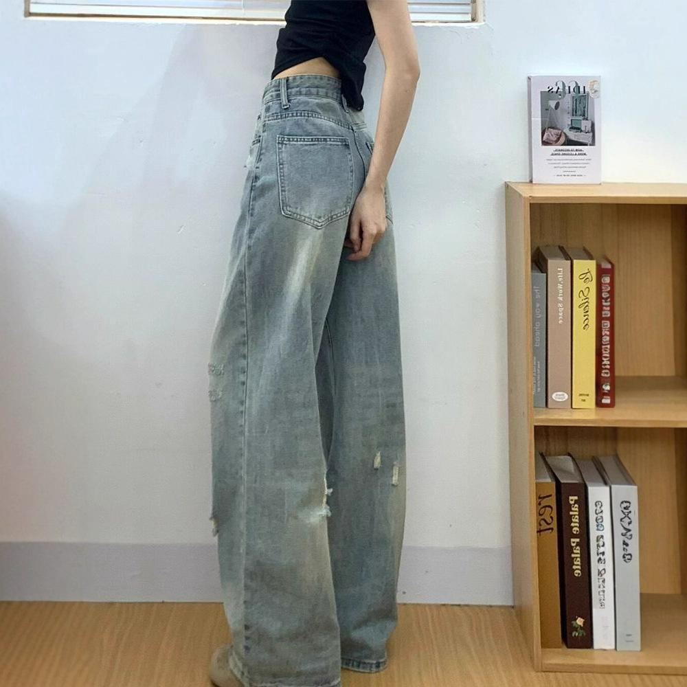 Comfortable High Street Broken Holes Jeans Women's Year Straight Small People Loose High Waist Thin Wide Leg Trousers Jeans for Women Long Denim Pants