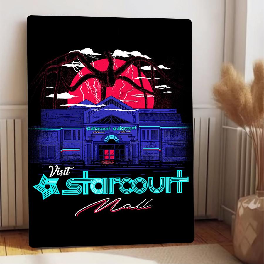 Stranger Things Geïnspireerde Starcourt Mall Metalen Wandkunst Nostalgisch neonbord vintage horrorfilm poster huisdecoratie cadeau voor fans