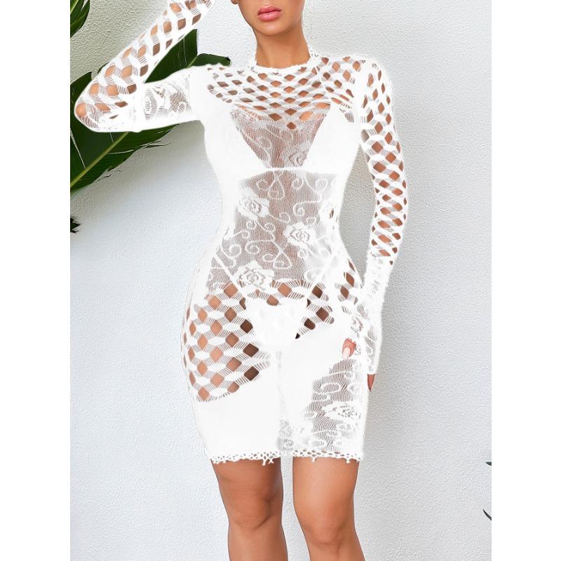 Sexy Hip Skirt, Sexy Underwear, One-piece Hollowed-out Tight-fitting Perspective Long-sleeved Mesh