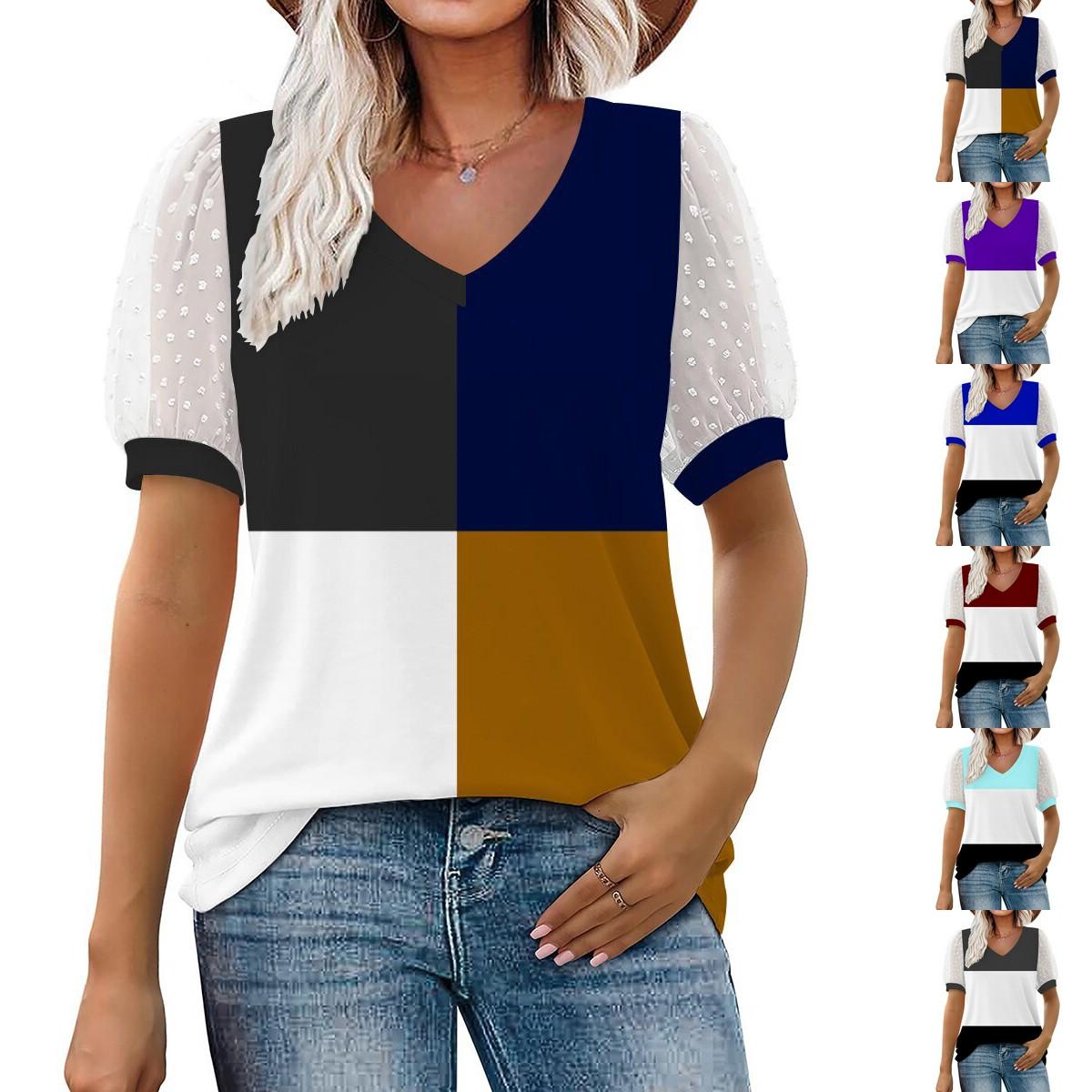 

Летняя новая модная женская повседневная футболка с v-образным вырезом и коротким рукавом с принтом больших размеров S-2XL