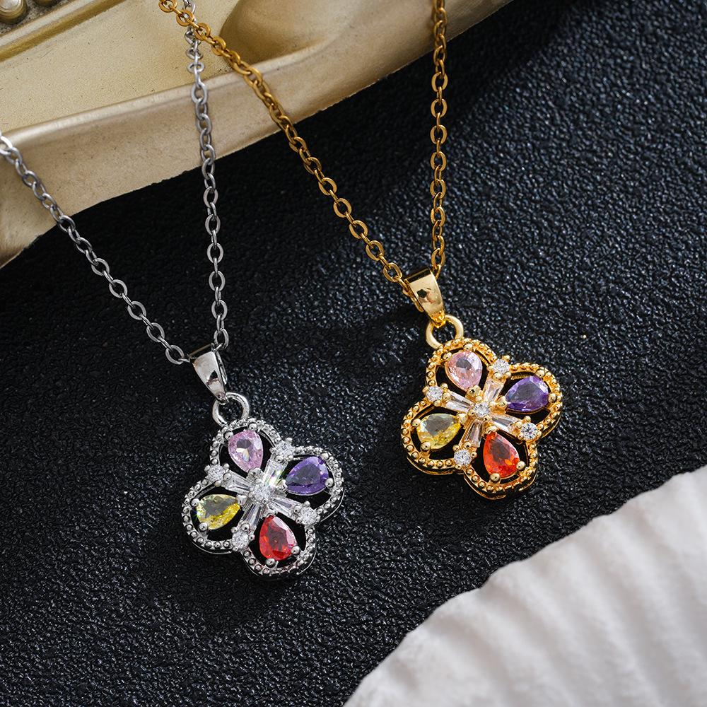 Copper Four-Leaf Clover Necklace with Multicolor Zirconia Petal Pendant and Delicate Chain