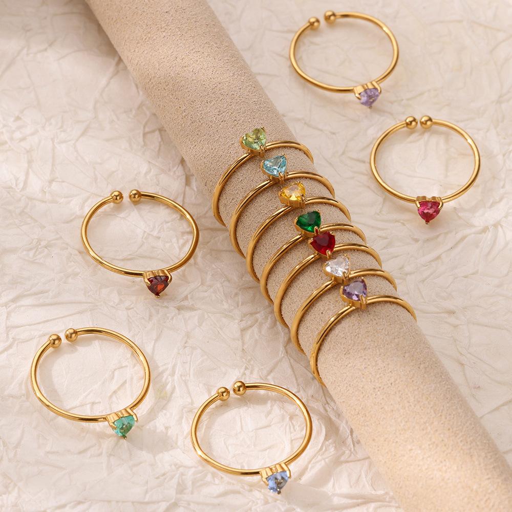 Zircon Heart Birthstone Rings For Women Gold Color Adjustable Stainless Steel Birthstone Heart Ring Wedding Jewelry Gift BFF