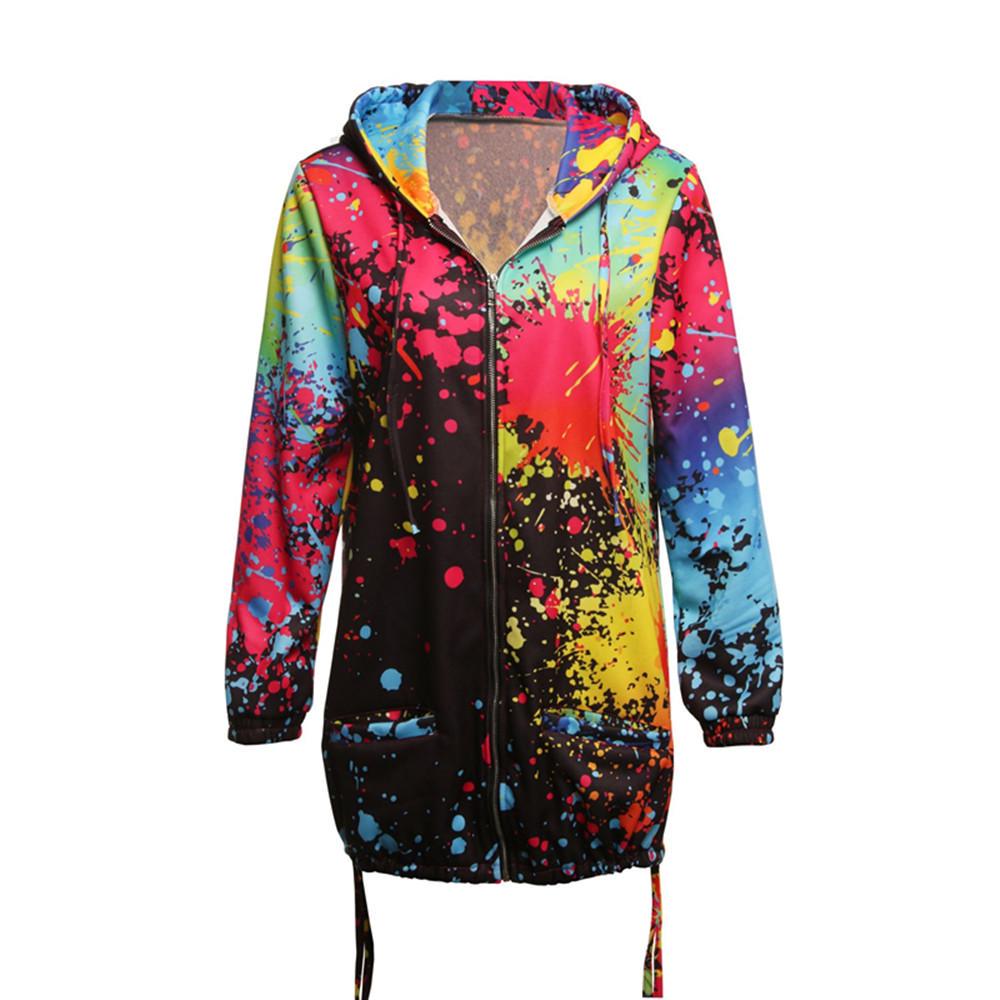 Women Casual Long Sleeve Zipper Jacket Multicolor Printing Hooded Coat
