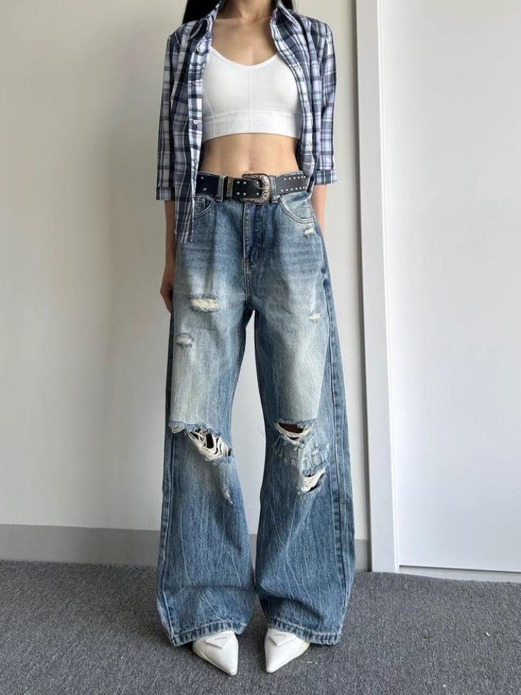 

Удобные Выстиранные Большие Ярды Рваные Дыры Широкие Джинсы Года Высокая Посадка Узкие Старые Свободные Волочащиеся Брюки Джинсы для Женщин Длинные Джинсовые Брюки 4XL