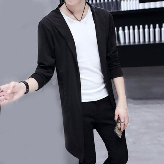 Men Trench Windbreaker Large Neckline Solid Color Slim Mid-length Draping Overcoat Outwear Cloak Streetwear