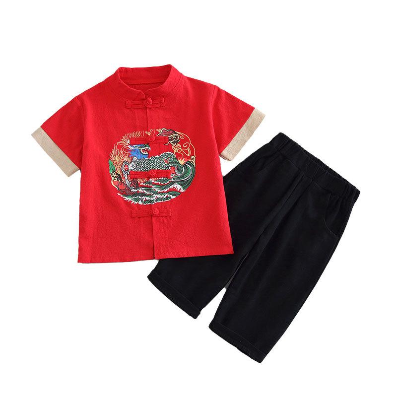 Boys Chinese Style Two-piece Suit Kids Small Children Summer Cotton Linen Outfit Handsome Stylish Breathable Casual Wear For Daily