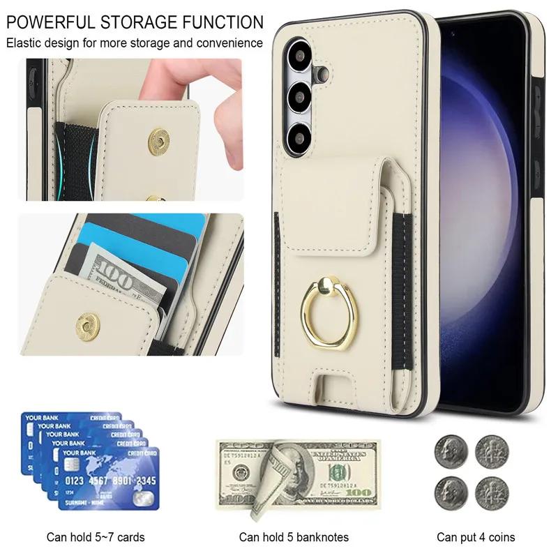Ring Leather Wallet Card Phone Case for Samsung Galaxy S25 Edge S24 Ultra S23 Plus S22 S21 FE Note 20 10 Flip Stand Cover