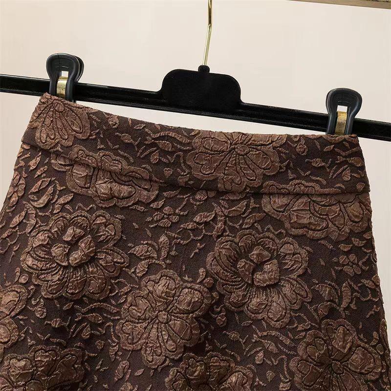 Retro High-Waisted Floral Flare Skirt with Hollow-Out Design