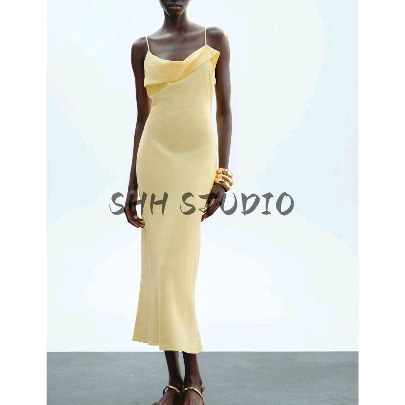 Autumn New Women's Clothing Straight Collar Open Back Ramie Blended Sling Midi Skirt Dress 3387730 8478730