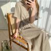Women's Loose-Fit Tie-Waist Single-Button Short-Sleeve Linen Shirt Dress