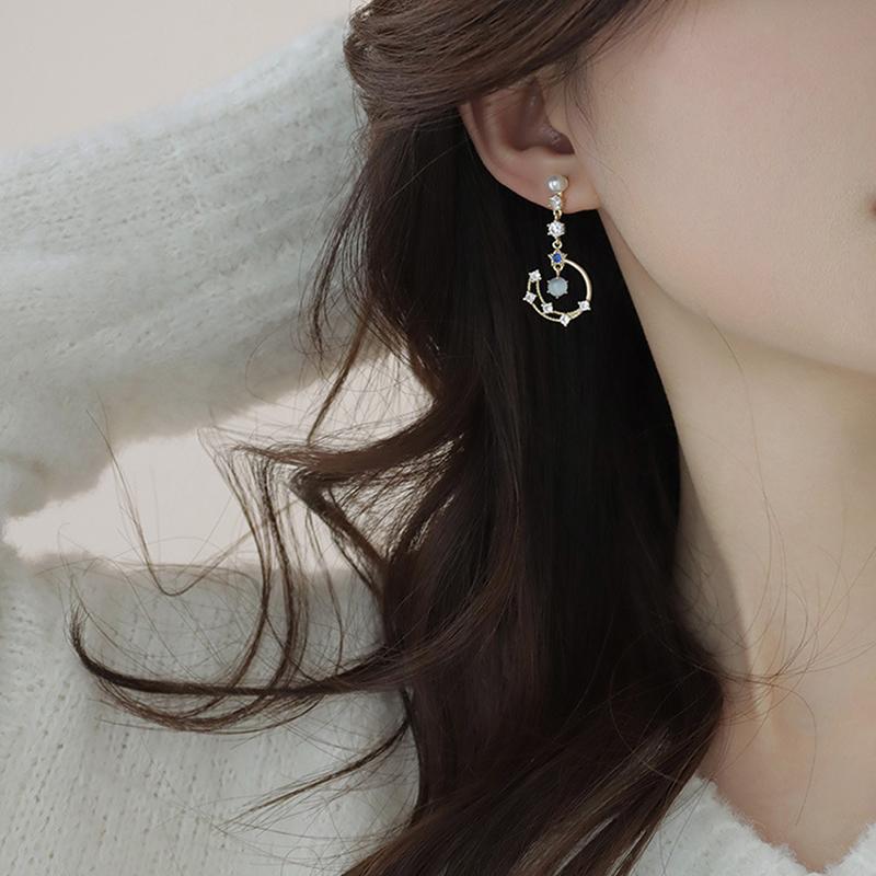 1Pair Exquisite Pearl Moon Asymmetric Drop Earrings  Blue  Pendant Earrings Cute Girl Party Wedding Jewelry