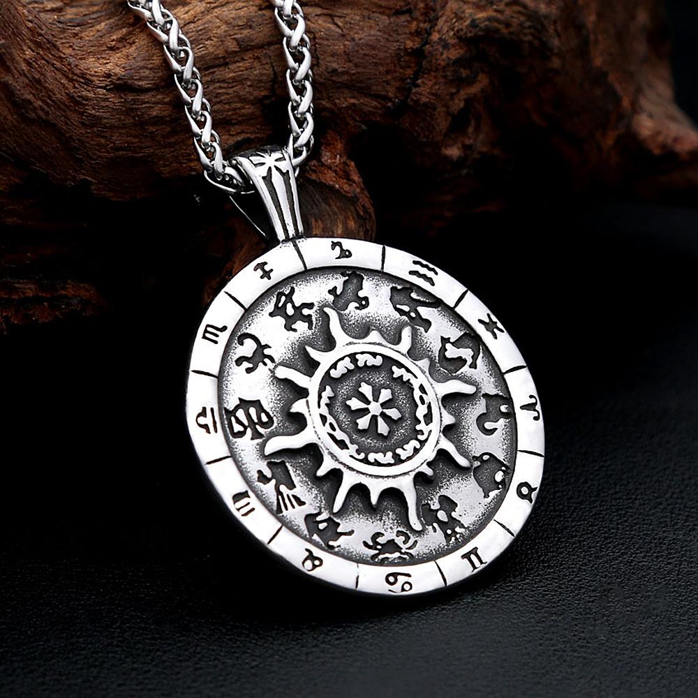 Vintage Constellation Round Pendant Necklaces For Men Women Punk 316L Stainless Steel Twelve Zodiac Signs Jewelry Gifts