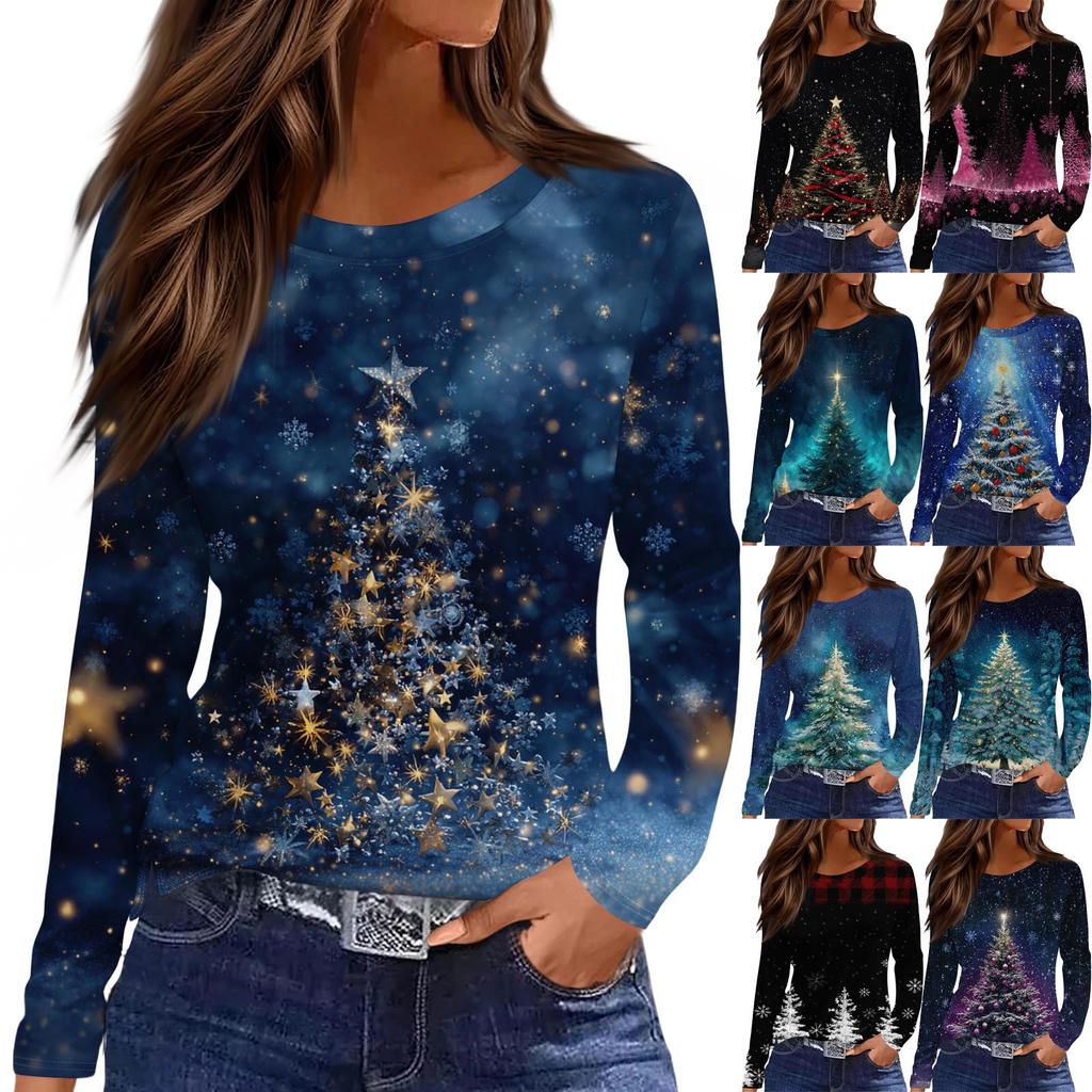 Women's Fashion Casual Slit Hem Round Neck Long Sleeve Loose Christmas Printed T-Shirt Ladies Top