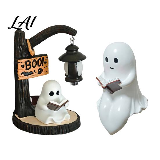 Country Style Halloween Display Hanging Ghost Night Light Resin Figurine Vintage Farmhouse Glowing Tabletop Ornament Cozy Atmosphere Warm