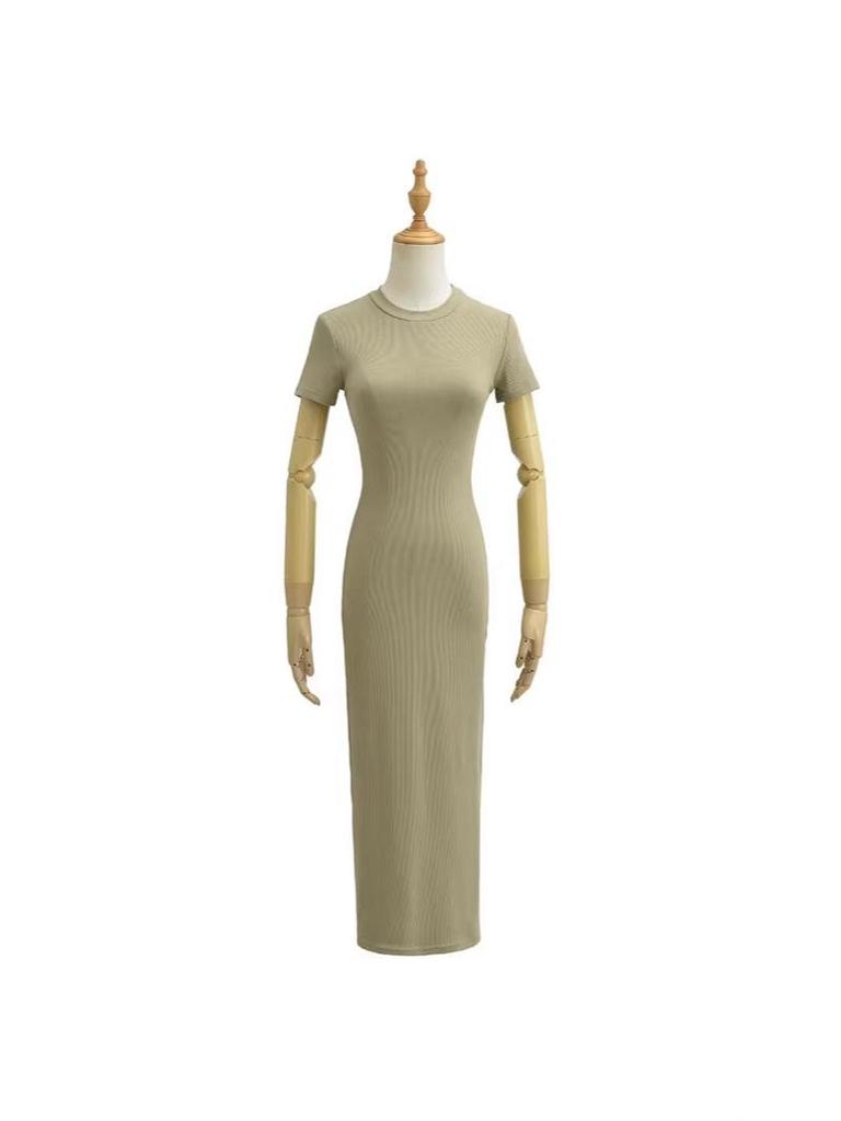Women's Spicy Girl Double Slit Round Neck Short Sleeve Summer Slimming Midi Dress