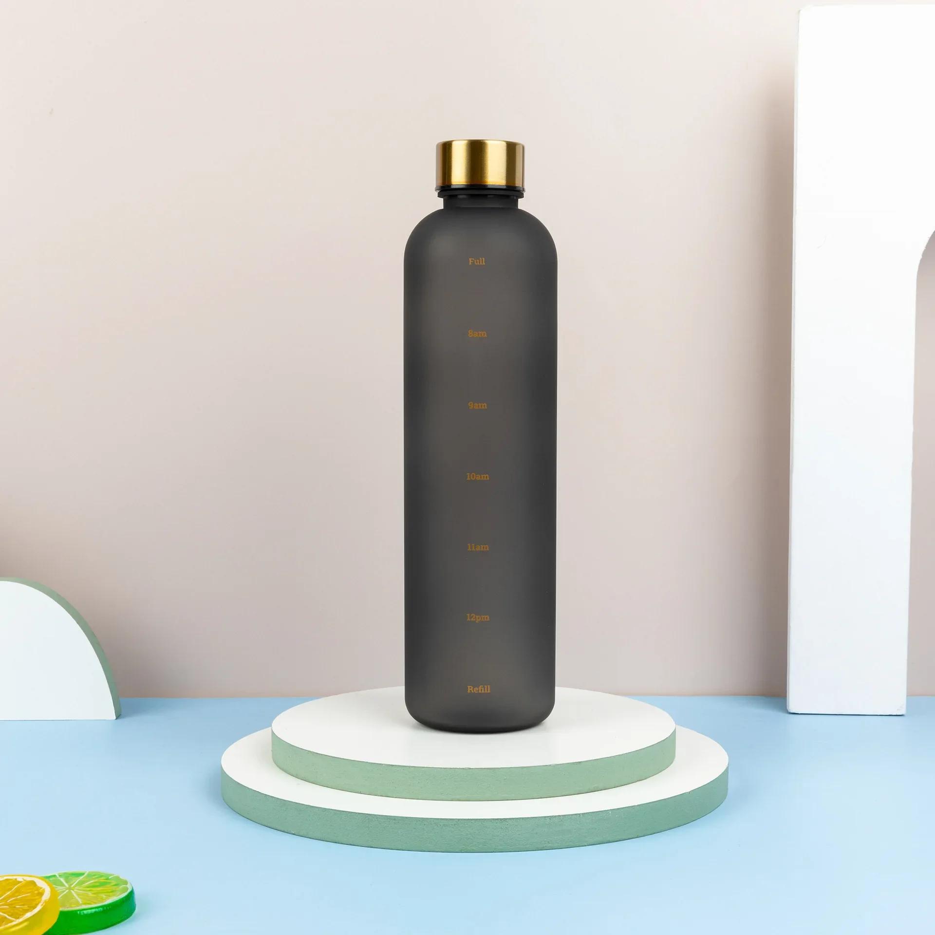 1L Waterfles Met Tijdmarkering Inspirerend Herbruikbaar Fitness Buiten Reizen Lekdicht Schrobvrij Plastic 1000ml zwart