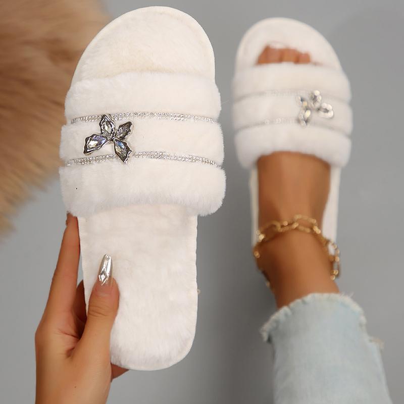 Metal Butterfly Decor Plush Slippers Women Indoor Home Open Toe Faux Fur Slides Woman Shiny Crystal Comfortable Fluffy Slippers