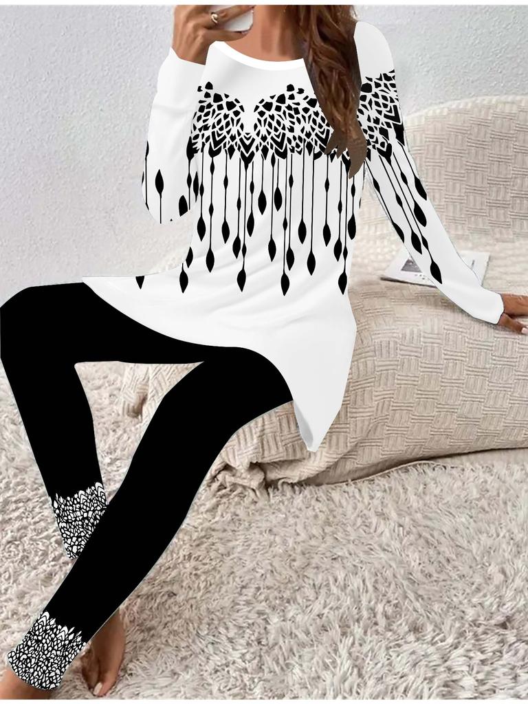 Euroamerikanische Mode 3D Retro bedrucktes Damen Vier-Jahreszeiten Langarm-T-Shirt + Lange Hose Zweiteiler. Perfektes Geschenk für Neujahr & Weihnachten