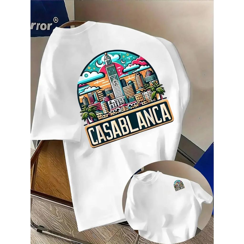 Gorące Marokańskie Miasto Architektura Plaża Graficzny Nadruk Bawełniana Koszulka Męska Damska Casablanca Czcionka Sportowy Codzienny Oversize Harajuku Moda Letnia Nowa Koszulka