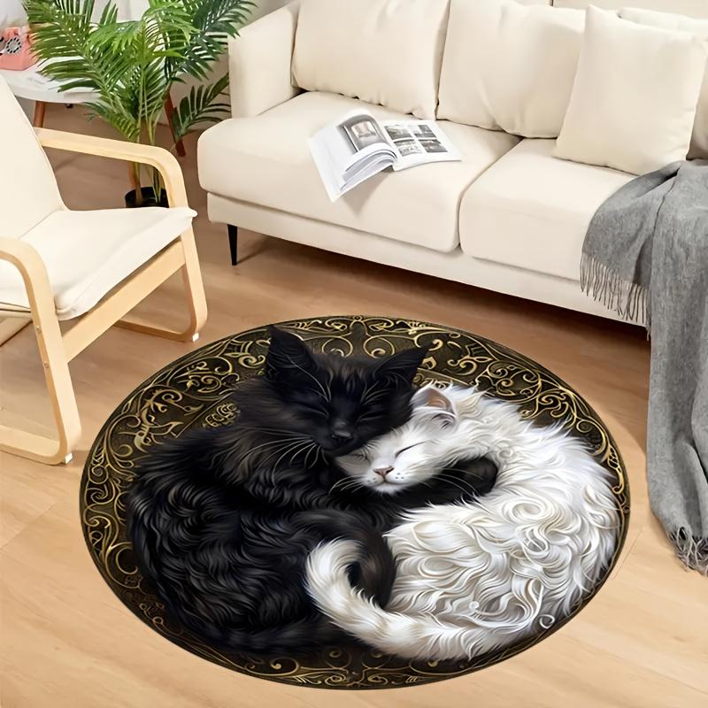 

Yin Yang Black and White Cat Print Round Area Rug, Non-Slip, for Living Room, Bedroom, Door Mat Dining Room, Round Area Rug 80cm