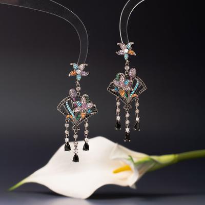 Fashion Heavy Industry Plant Flower Fan-Shaped Tassel Earrings Micro-Inlaid Zircon Premium Ear Sensing Jewelry