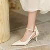 New Popular Women's Shoes Khaki Pointed Toe Thin Heel Strap High Heels Casual Flats Rubber Material
