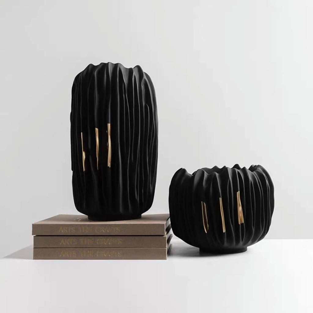 Resin Vase Black Gold Crease Texture Abstract Resin Ornament Flower Arrangement Accessories Home Decoration Vases Pots