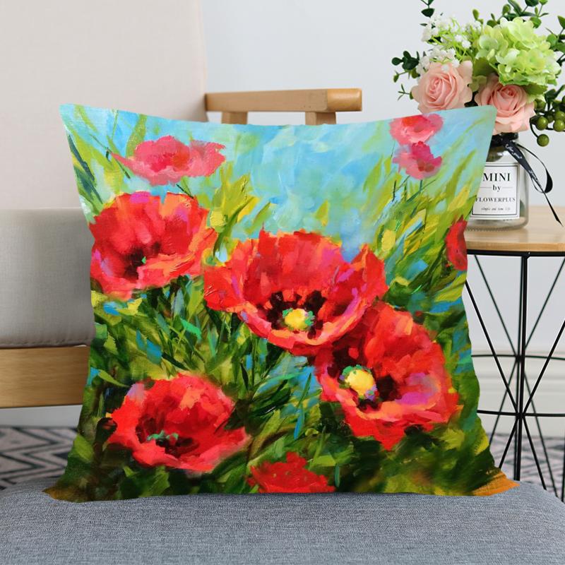 Red Poppy Flower Print Pattern Pillow Case Home Living Room Sofa Bedroom Decoration Soft Throw Square