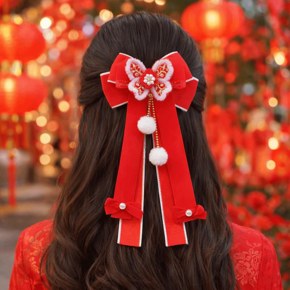 Red New Year Hairpin Ribbon Hanfu Hair Ornamen Holiday Bow Ribbon Hair Clip Festival
