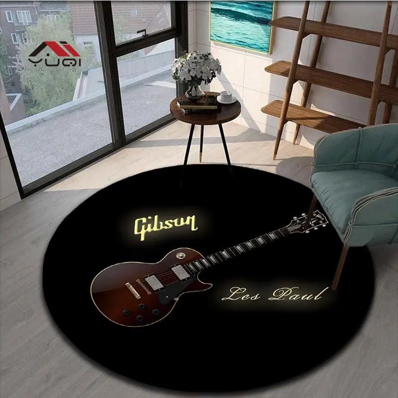 Guitar Music Round Area Rug – Soft Non-Slip Floor Mat for Living Room or Bedroom – Musical Pattern Carpet, 5 Sizes Available