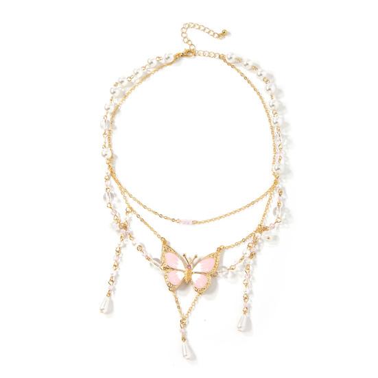 Women Necklace Multi Layer Chain Imitation Pearls Decor Butterflies Charm Choker Necklace Adjustable Length Neck Jewelry