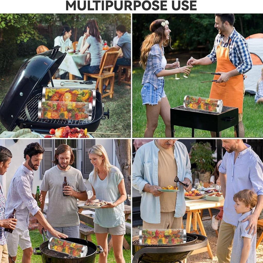 Grillkorb, Spülmaschinenfest, Rollende Grillkörbe für das Grillen im Freien, Edelstahl-BBQ-Grillkorb für Gemüse, Grill