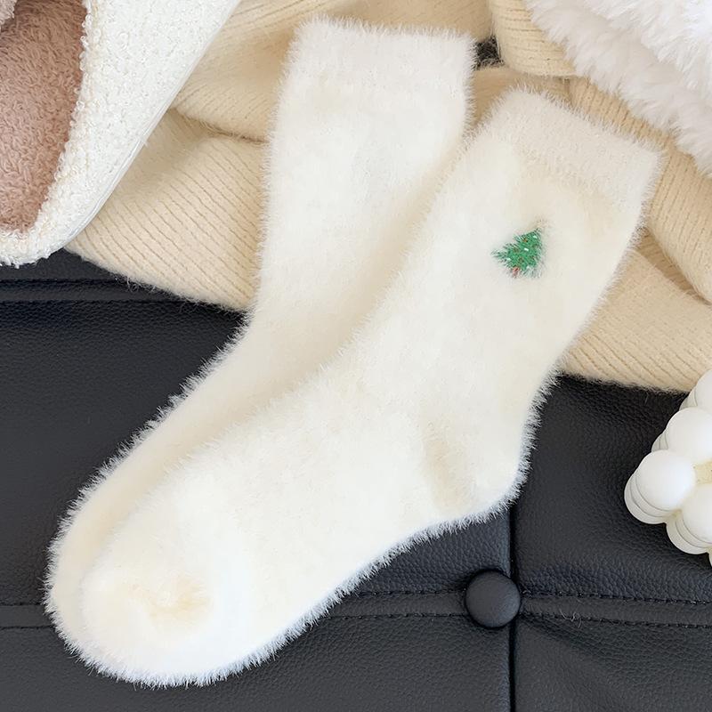 10-1 Pairs Autumn and Winter Socks, Children's White Mink Fur Christmas Socks, Snowman Santa Claus Christmas Tree Elements, Thickened Warm Socks
