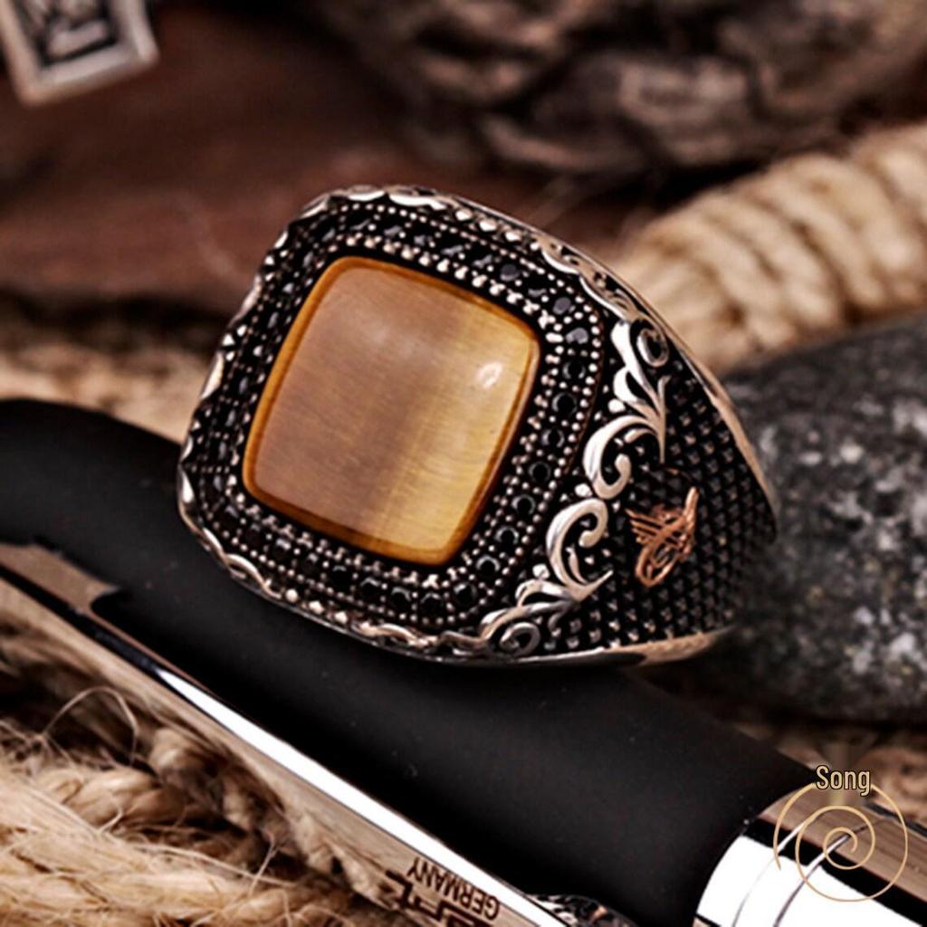 He Cheng Men's Fashionable Metal Inlaid Imitation Tiger Eye Stone Ring