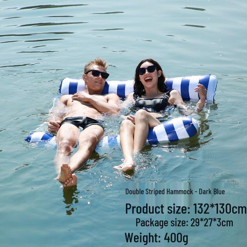 Portable Foldable PVC Striped Water Lounge Chair with Hanging Net - Single Inflatable Floating Bed