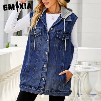 Jednolity Kolor Nadruk Letni Wiosenny Bez Rękawów Z Kapturem Retro Dżinsowy Kamizelka Luźna Codzienna Damskie Trendy Kurtki & Płaszcze