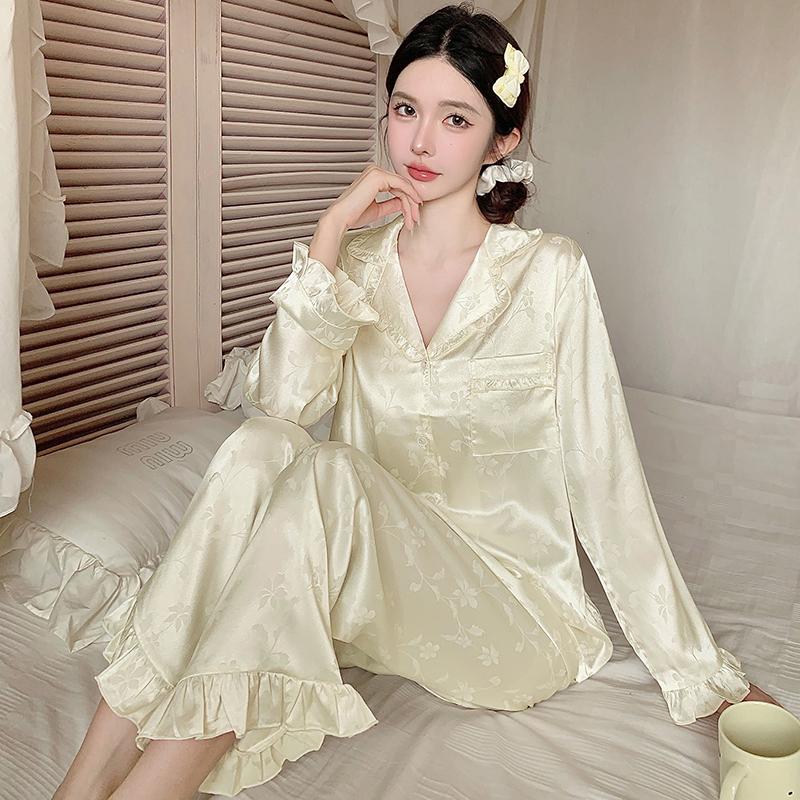 spring autumn Women Pajamas set elegant sweet Solid jacquard Tops and ruffles Pants Satin sleepwear Loose 2 Piece suit homewear