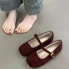 Mao Mao Mary Jane Shoes for Women's Outer Wear 2025 Autumn Velvet Square Head Shallow Mouth One-word Buckle with Flat Bottom Red Beautiful Single Sho