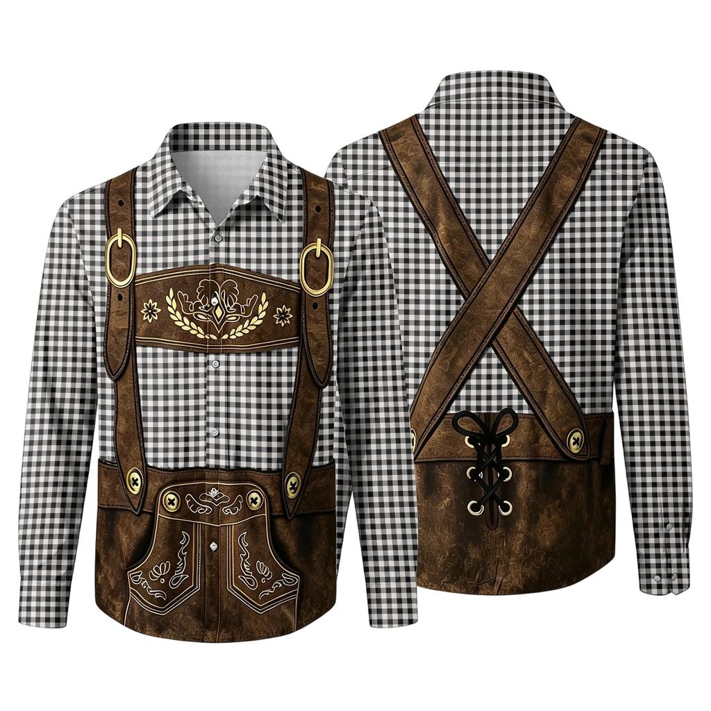 Herren Oktoberfest 3D-Druck Locker geschnitten Langarmhemd Mit Kragen Durchgeknöpftes Hemd Vintage Lässig Atmungsaktives Hemd für die Arbeit im Freien und Party