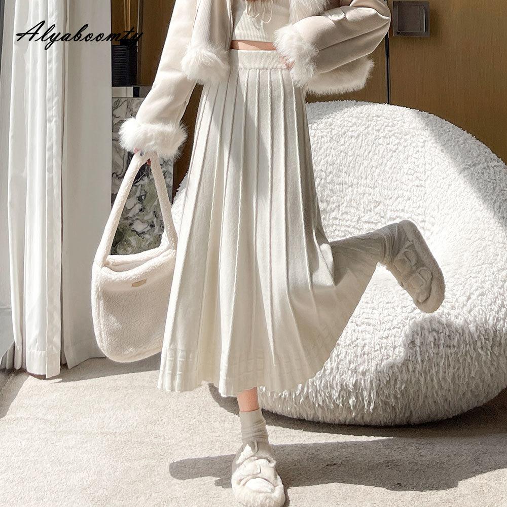 

Мягкая Теплая Осенне-Зимняя Женская Миди Плиссированная Юбка с Высокой Посадкой Черная Бежевая Вязаная Юбка Базовая Универсальная Элегантная Вязаная Женская Юбка Женская One Size бежевый