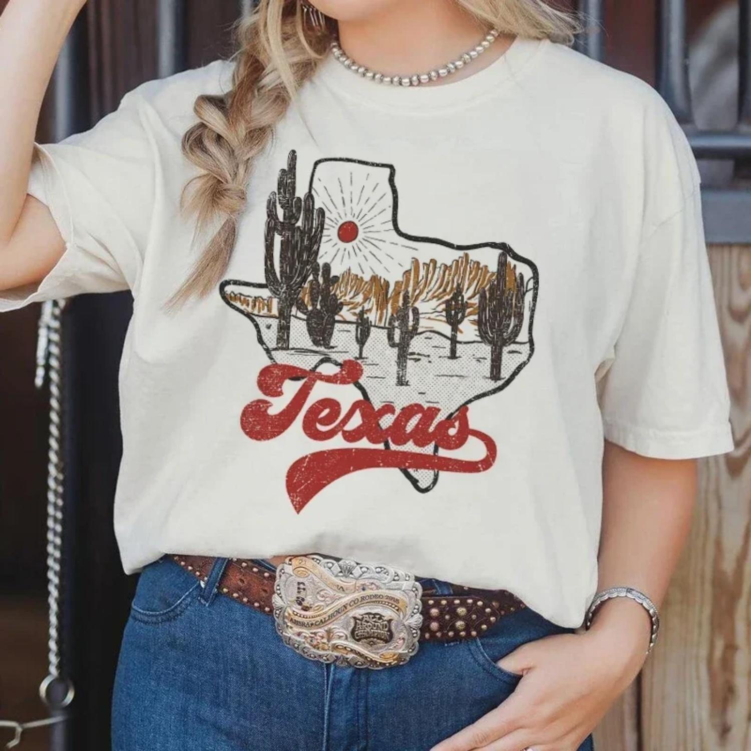 

Cowgirl Texas Desert Cactus Graphic Tees Women Loose Western Retro Country T-Shirts Vintage Travel T Shirt Hippie Boho Clothes XXXXXL білий