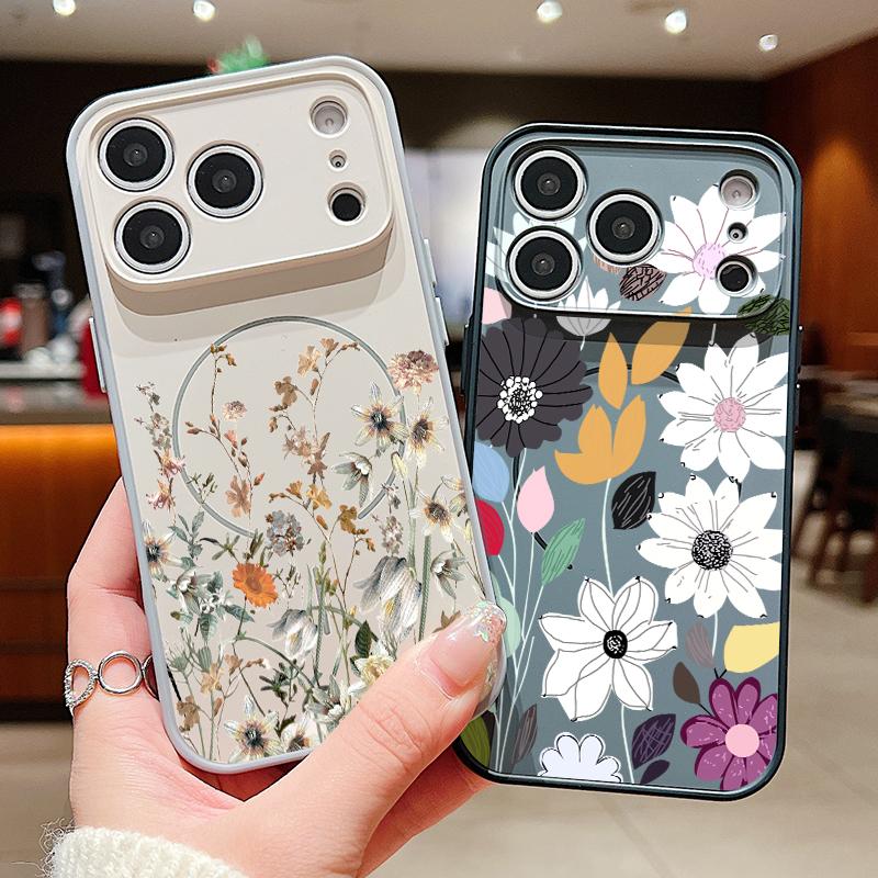 White Flower Pattern Case For iPhone 17 Pro Max Hybrid TPU+PC Magnetic For Magsafe Matte Cover For iPhone 16 Pro Max 15 14 13
