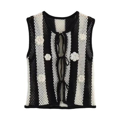 Knitted Stripe Vest Women Hollow Waistcoat 3D Flower Crochet Hook Tank Top Lace Up Sleeveless Cardigan New Fashion